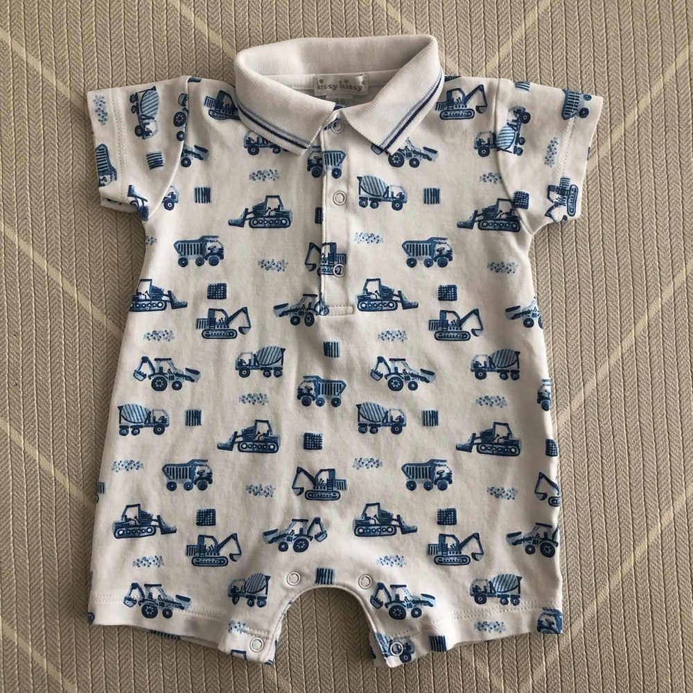 Kissy Kissy Polo Romper with Blue Construction Print Boy’s Size 3-6M